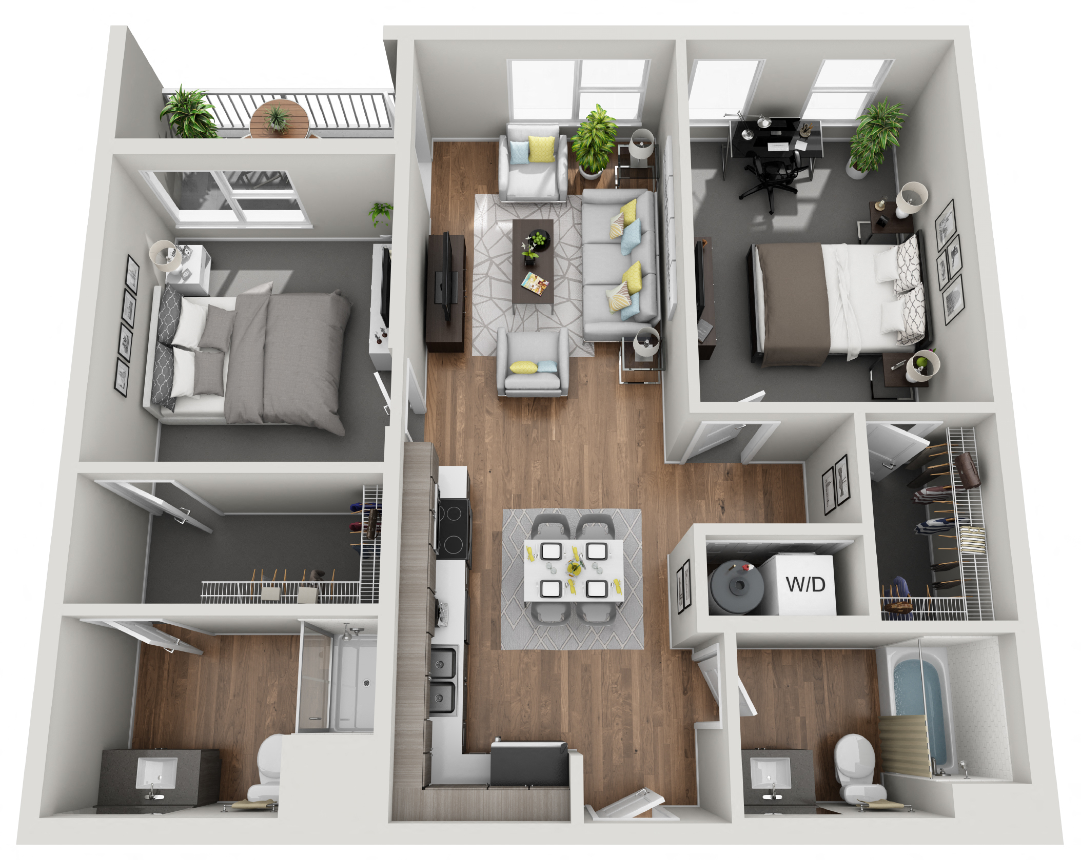 Floor plan for 2 beds, 2 baths, 986 sqft